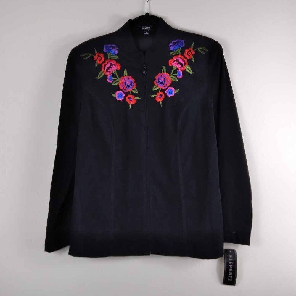 Elementz Black Velveteen Wth Floral Embroidery High Collar ZipUp Jacket NWT SzL